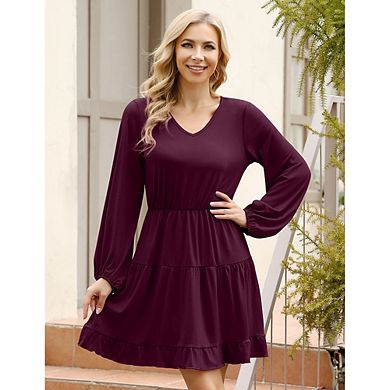 Women Ruffle Mini Dress V Neck Puff Lantern Sleeve Casual Loose Flowy Swing Tiered Short Dress