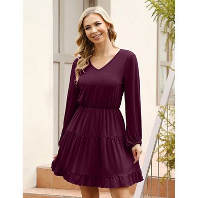 Women Ruffle Mini Dress V Neck Puff Lantern Sleeve Casual Loose Flowy Swing Tiered Short Dress