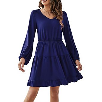 Women Ruffle Mini Dress V Neck Puff Lantern Sleeve Casual Loose Flowy Swing Tiered Short Dress