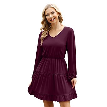 Women Ruffle Mini Dress V Neck Puff Lantern Sleeve Casual Loose Flowy Swing Tiered Short Dress