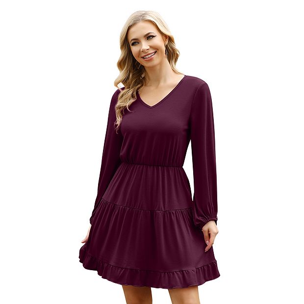 Women Ruffle Mini Dress V Neck Puff Lantern Sleeve Casual Loose Flowy Swing Tiered  Short Dress