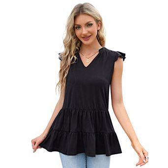 Ruffle Cap Sleeve Tunic Tops for Women Loose Babydoll Shirt Blouse