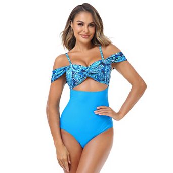 Women's Off Shoulder Color Block One Piece Swimsuits Cutout Scallop Trim Swimwear