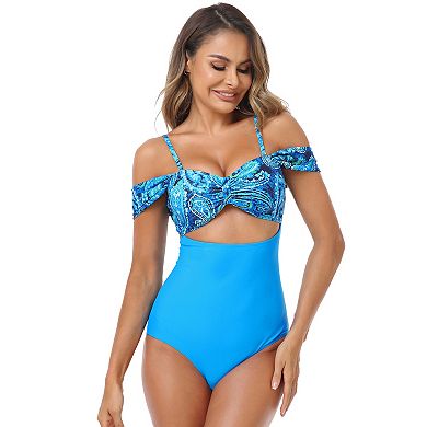 Women's Off Shoulder Color Block One Piece Swimsuits Cutout Scallop Trim Swimwear