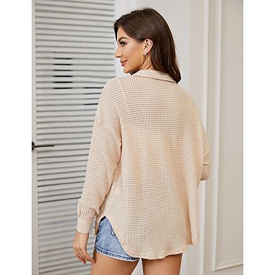 Womens Waffle Knit Shirt Button Down Oversized Blouse Long Sleeve Jacket Tops With Bust Pockets
