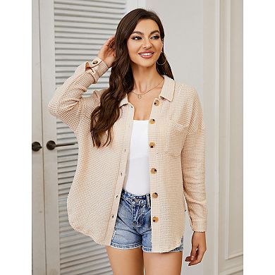 Womens Waffle Knit Shirt Button Down Oversized Blouse Long Sleeve Jacket Tops With Bust Pockets