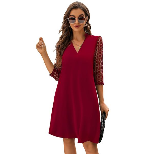 DHgate.com:Red Ruffled Square Neck Knee-Length Dress