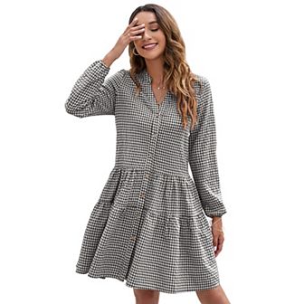 Women's Casual Plaid Dress Long Sleeve V Neck Button Down Ruffle Swing Pleated Short Mini Dress