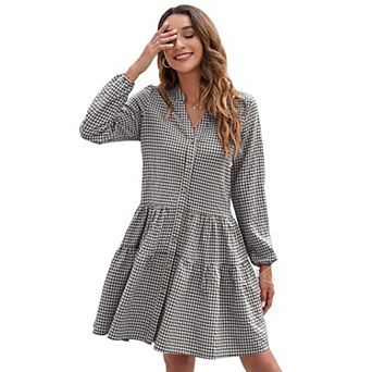 Women's Casual Plaid Dress Long Sleeve V Neck Button Down Ruffle Swing Pleated Short Mini Dress