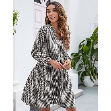 Women's Casual Plaid Dress Long Sleeve V Neck Button Down Ruffle Swing Pleated Short Mini Dress