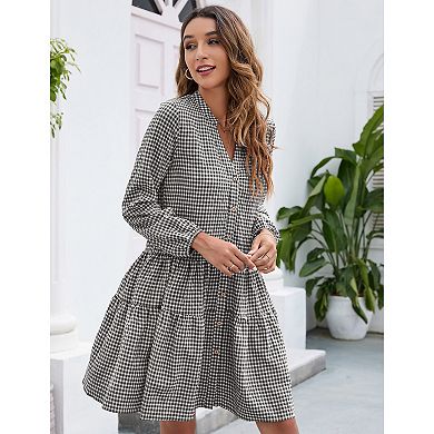 Women's Casual Plaid Dress Long Sleeve V Neck Button Down Ruffle Swing ...