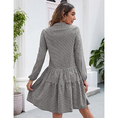 Women's Casual Plaid Dress Long Sleeve V Neck Button Down Ruffle Swing Pleated Short Mini Dress