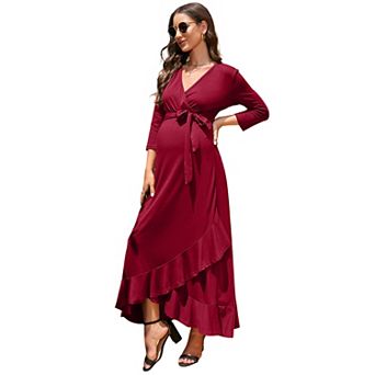 Women's Maternity Dress V Neck 3/4 Sleeve Ruffle Long Dress High Waist A Line Maxi Dress With Belt