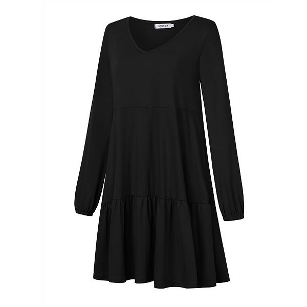 Women Casual Long Sleeve Black Dress,V Neck Tiered Dresses Ruffle ...