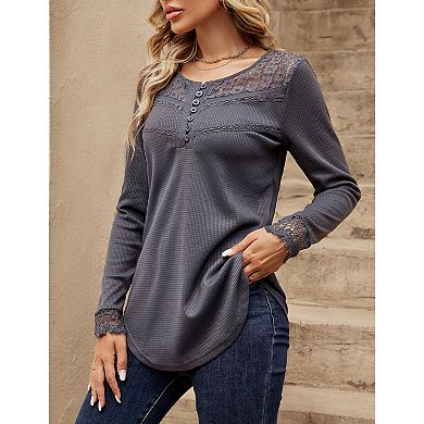 Women's Causal 3/4 Sleeve Tunic Tops V Neck Lace Crochet Blouse Pleated Peplum Flowy Shirts