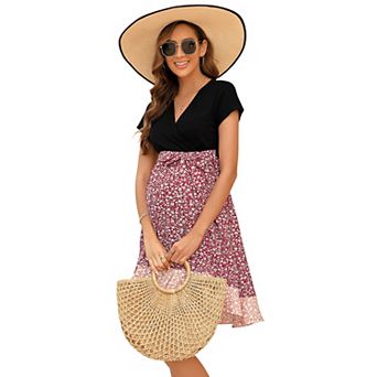 Women Maternity Short Sleeve V Neck Baby Shower Dress Patchwork Nursing Dress Midi Pregnancy Dress