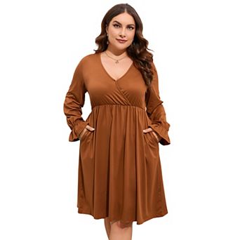 Women's V Neck A-Line Knee Length Wrap Swing Dresses A Line Party Plus Size Mini Dress