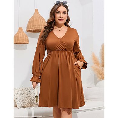 Women's V Neck A-Line Knee Length Wrap Swing Dresses A Line Party Plus Size Mini Dress