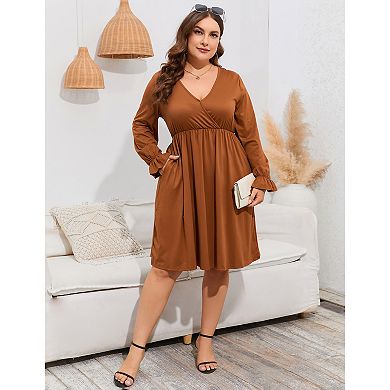 Women's V Neck A-Line Knee Length Wrap Swing Dresses A Line Party Plus Size Mini Dress
