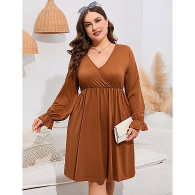 Women's V Neck A-Line Knee Length Wrap Swing Dresses A Line Party Plus Size Mini Dress