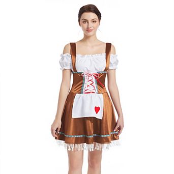 Women's Bavarian Festival Traditional 3 pc German Oktoberfest Dresses With Heart Shaped Fringe Hem