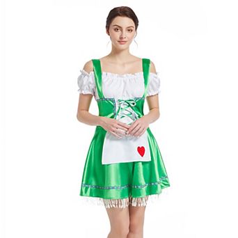 Women's Bavarian Festival Traditional 3 pc German Oktoberfest Dresses With Heart Shaped Fringe Hem