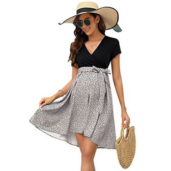 Women Maternity Short Sleeve V Neck Baby Shower Dress Patchwork Nursing Dress Midi Pregnancy Dress