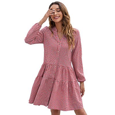 Women's Casual Plaid Dress Long Sleeve V Neck Button Down Ruffle Swing  Pleated Short Mini Dress