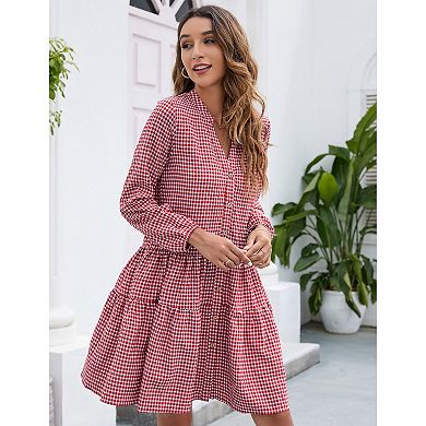 Women's Casual Plaid Dress Long Sleeve V Neck Button Down Ruffle Swing Pleated Short Mini Dress