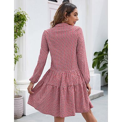 Women's Casual Plaid Dress Long Sleeve V Neck Button Down Ruffle Swing Pleated Short Mini Dress