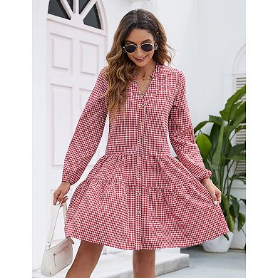 Women's Casual Plaid Dress Long Sleeve V Neck Button Down Ruffle Swing Pleated Short Mini Dress