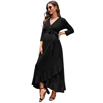 Women's Maternity Dress V Neck 3/4 Sleeve Ruffle Long Dress High Waist A Line Maxi Dress With Belt