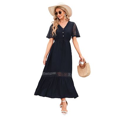 Women's Lace Short Sleeve Maxi Dress V Neck High Elastic Waist