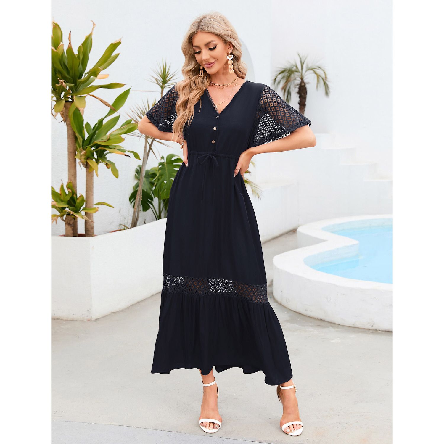Women's ASL I Love You Print Maxi Dress - Short Sleeve Flowy Beach Dress, Round Neck, Spring Summer - View #11