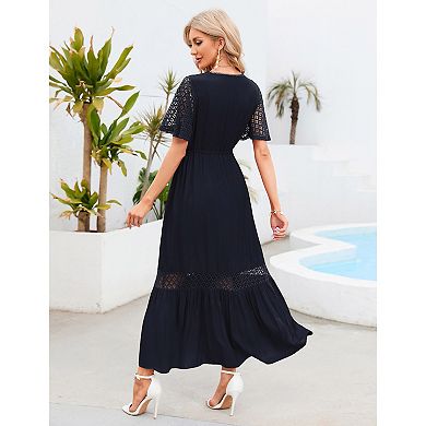 Women's Lace Short Sleeve Maxi Dress V Neck High Elastic Waist Casual Flowy Beach Dress
