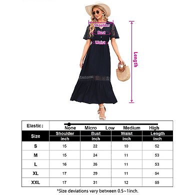 Women's Lace Short Sleeve Maxi Dress V Neck High Elastic Waist Casual Flowy Beach Dress