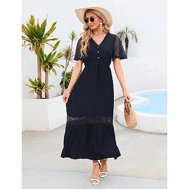 Women's Lace Short Sleeve Maxi Dress V Neck High Elastic Waist Casual Flowy Beach Dress