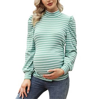 Women's Knit Ribbed Maternity Top Mock Neck Long Sleeve Shirts Pregnant Ruched Tunic Pullover Top