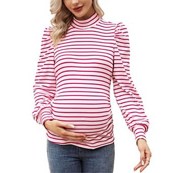 Women's Knit Ribbed Maternity Top Mock Neck Long Sleeve Shirts Pregnant Ruched Tunic Pullover Top