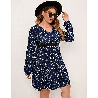 Women's Casual Plus Size Long Sleeve V-neck Midi Dress