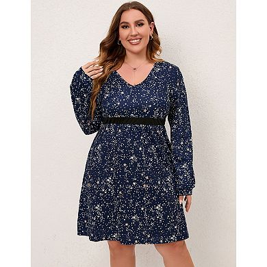 Women's Casual Plus Size Long Sleeve V-neck Midi Dress