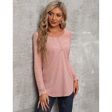 Women's Causal 3/4 Sleeve Tunic Tops V Neck Lace Crochet Blouse Pleated ...
