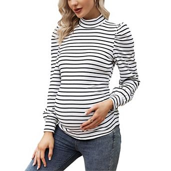Women's Knit Ribbed Maternity Top Mock Neck Long Sleeve Shirts Pregnant Ruched Tunic Pullover Top