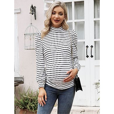 Women's Knit Ribbed Maternity Top Mock Neck Long Sleeve Shirts Pregnant Ruched Tunic Pullover Top