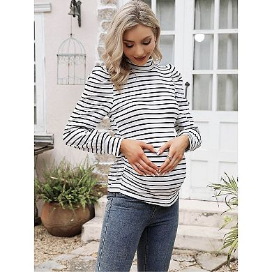 Women's Knit Ribbed Maternity Top Mock Neck Long Sleeve Shirts Pregnant Ruched Tunic Pullover Top
