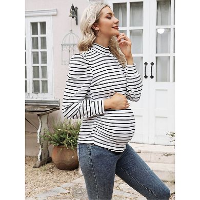 Women's Knit Ribbed Maternity Top Mock Neck Long Sleeve Shirts Pregnant Ruched Tunic Pullover Top