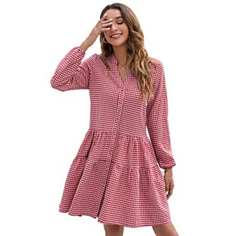 Women's Casual Plaid Dress Long Sleeve V Neck Button Down Ruffle Swing Pleated Short Mini Dress