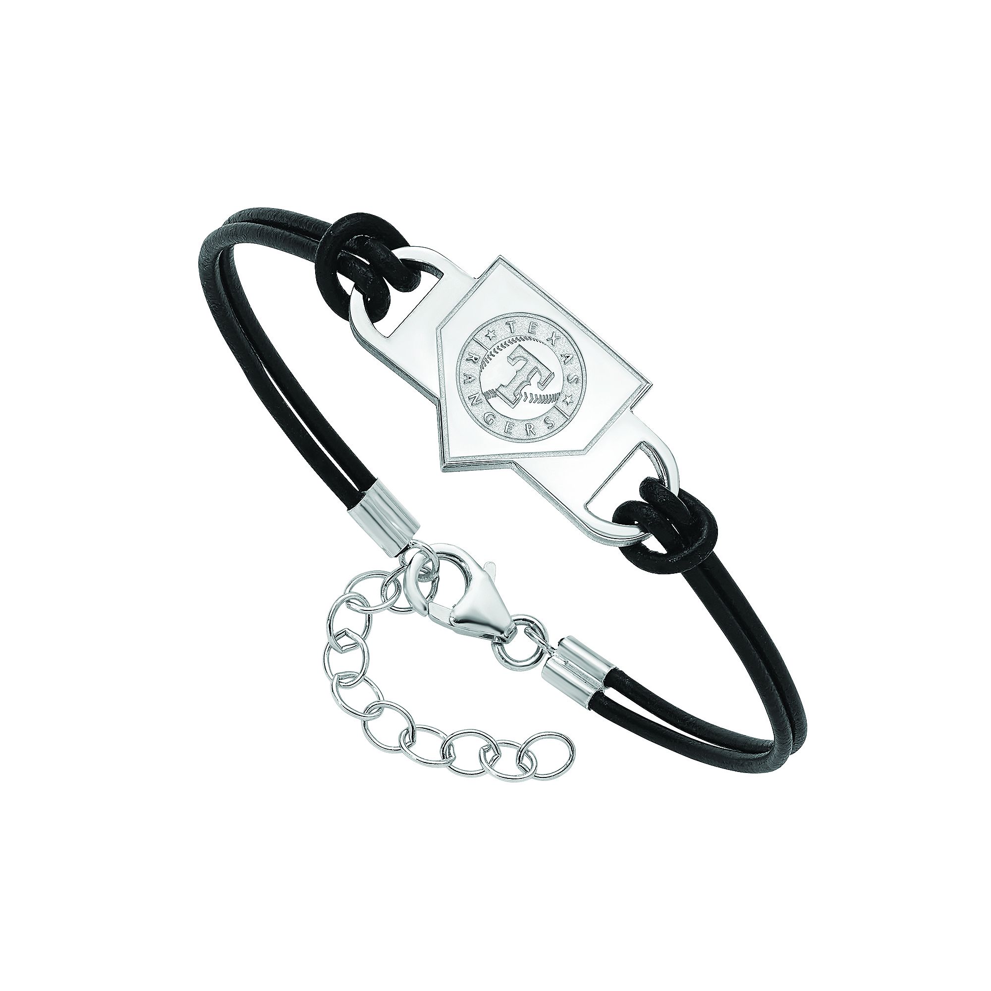 LogoArt Sterling Silver Texas Rangers Black Leather Bracelet, Womens, Siz