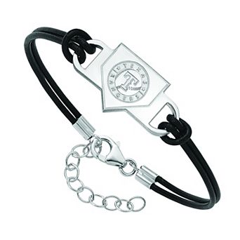 LogoArt Sterling Silver Texas Rangers Black Leather Bracelet