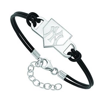LogoArt Sterling Silver New York Yankees Black Leather Bracelet